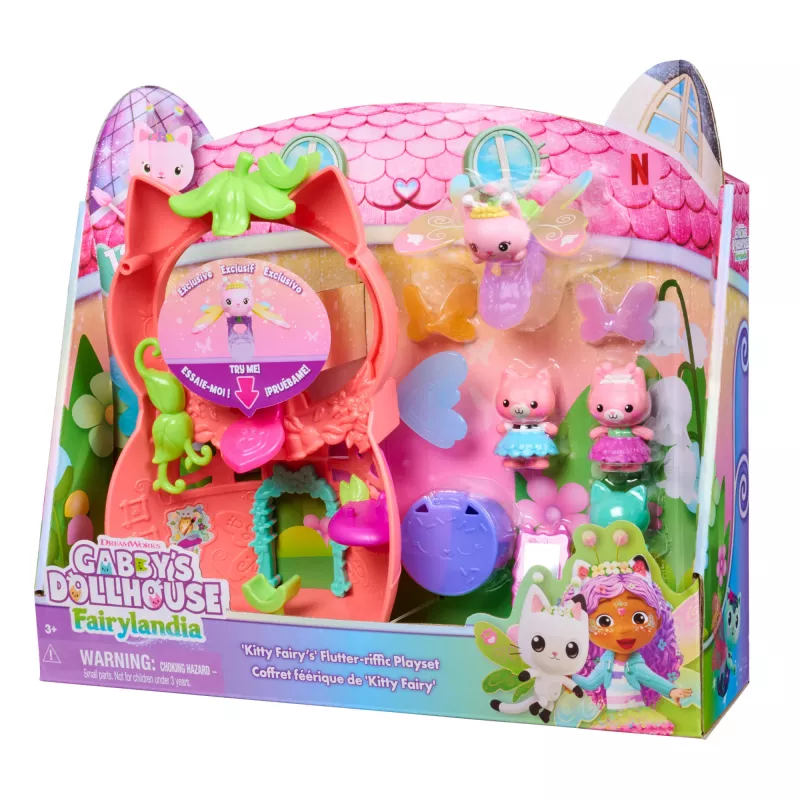 Gabby's Dollhouse Fairylandia, Kitty Fairy Flutter-riffic žaidimų rinkinys su 12 dalių ir išskirtiniu Flutter-riffic žiedu, žaislai mergaitėms ir berniukams nuo 3 metų