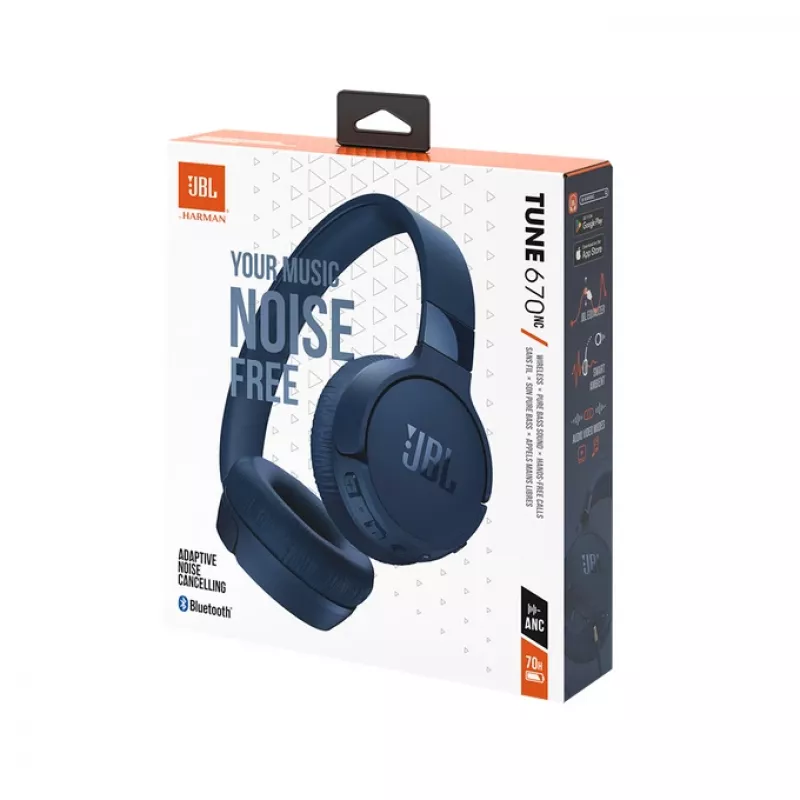 Ausinės JBL Tune 670 NC, laidinės ir belaidės, Bluetooth, mėlynos
