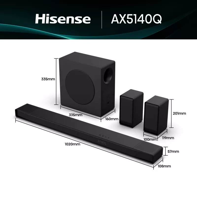 Garsiakalbis Hisense AX5140Q 5.1.4 Dolby Atmos, 600 W RMS, belaidis žemų dažnių garsiakalbis 280 W, juodas