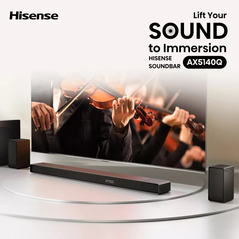 Garsiakalbis Hisense AX5140Q 5.1.4 Dolby Atmos, 600 W RMS, belaidis žemų dažnių garsiakalbis 280 W, juodas