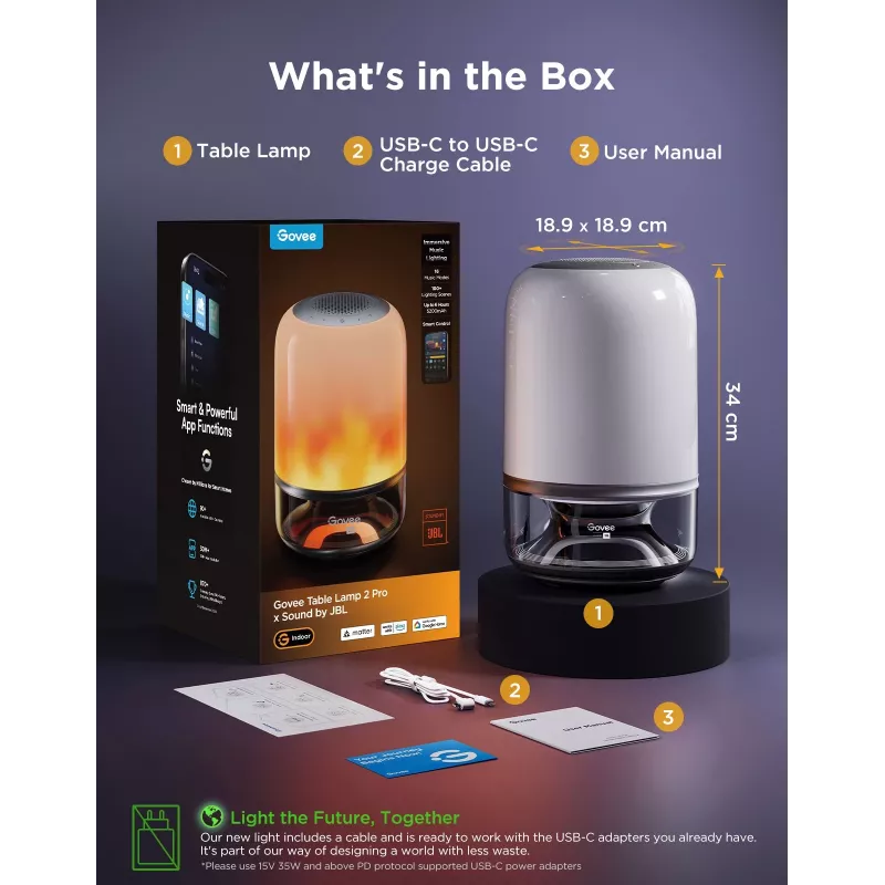 Stalinė lempa Govee H6020 Table Lamp 2 Pro Sound by JBL – RGBIC + šilta balta, 600 lm, Wi‑Fi ir Bluetooth, 5200 mAh