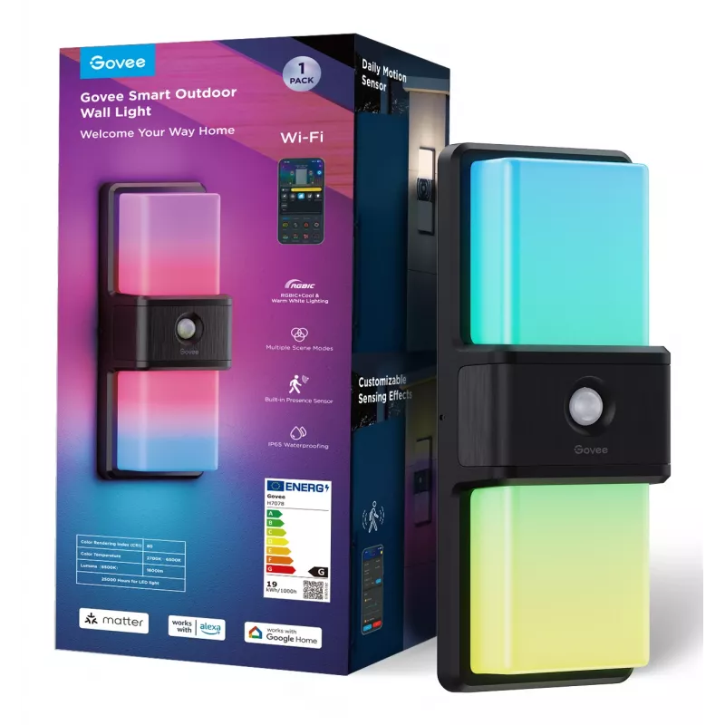 Govee H7078CD1 išmanus RGB lauko sieninis šviestuvas su Wi‑Fi valdymu