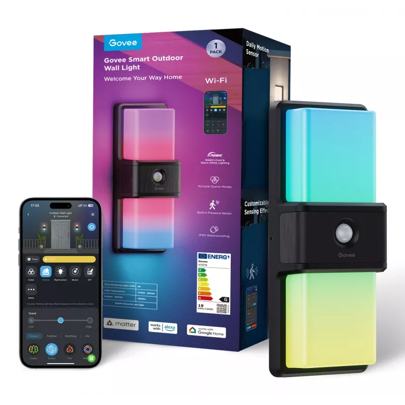 Govee H7078CD1 išmanus RGB lauko sieninis šviestuvas su Wi‑Fi valdymu
