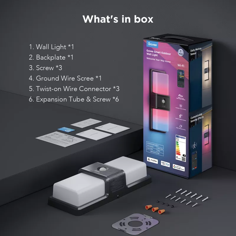 Govee H7078CD1 išmanus RGB lauko sieninis šviestuvas su Wi‑Fi valdymu