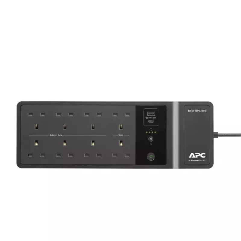 APC Back-UPS BE850G2-UK – 8x BS 1363 lizdai, 850VA, 2 USB įkrovikliai, 1 USB duomenų prievadas