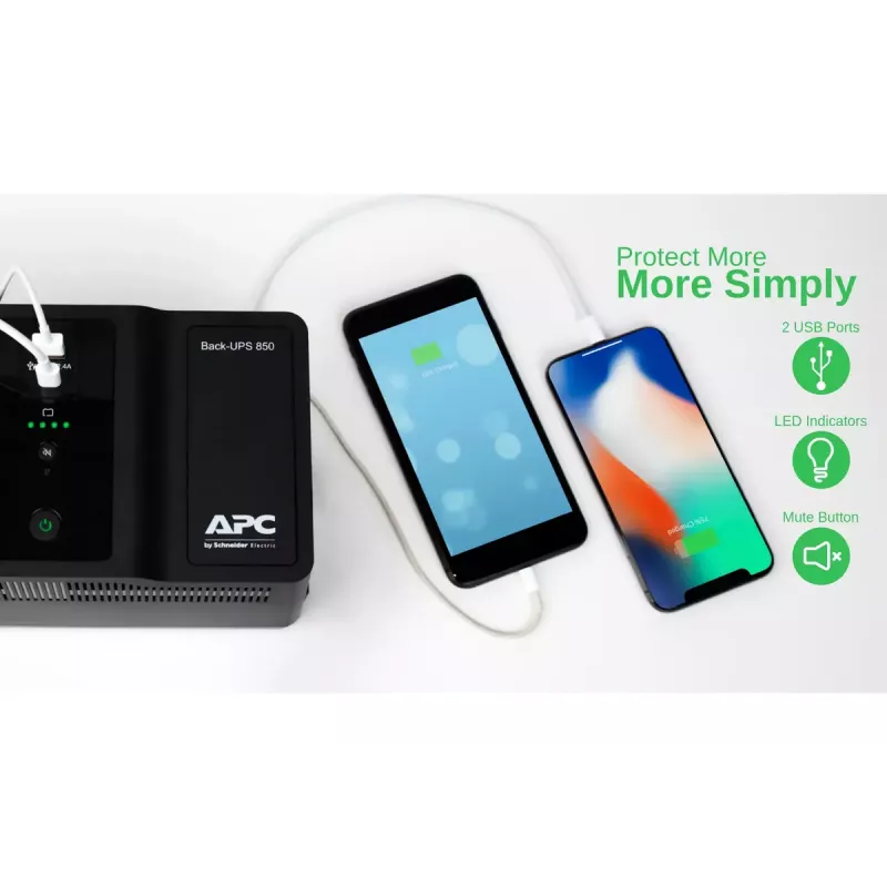 APC Back-UPS BE850G2-UK – 8x BS 1363 lizdai, 850VA, 2 USB įkrovikliai, 1 USB duomenų prievadas