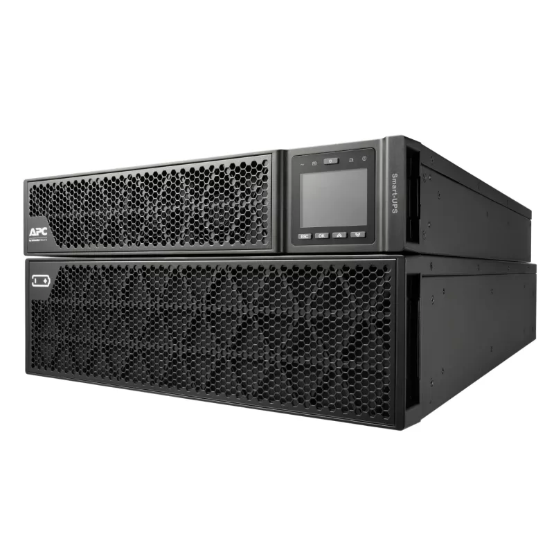 APC Smart-UPS On-Line, 8kVA/8kW, stelažinis/bokštinis, 230V, 2x IEC C13+1x IEC C19+Hard wire 3 laidai (H+N+E) išvadai, tinklo kortelė, be bėgių komplekto