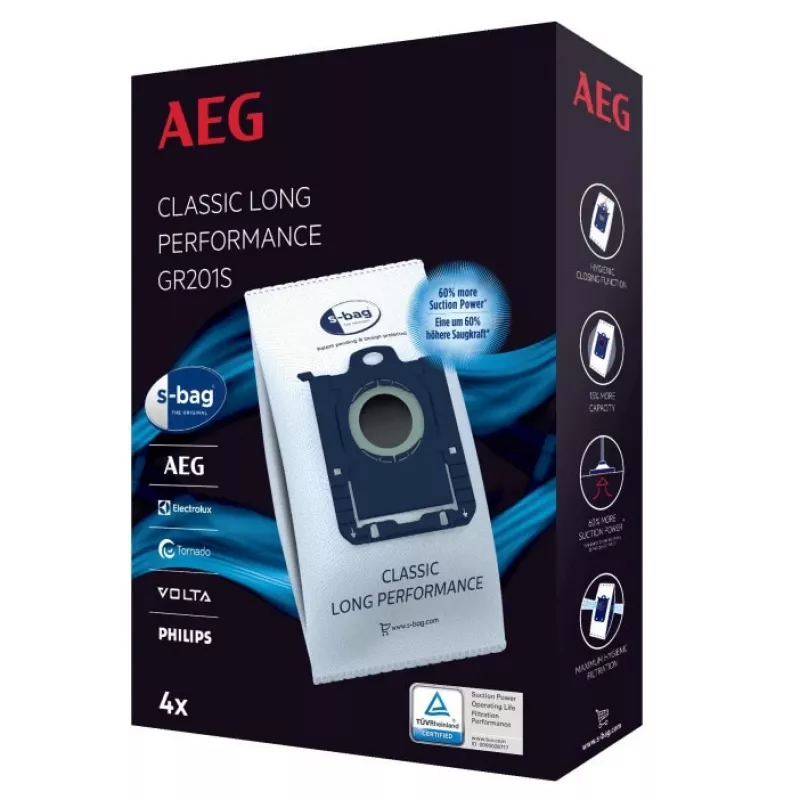 AEG GR201S s-bag® Classic Long Performance sintetiniai dulkių maišeliai (4 vnt.)