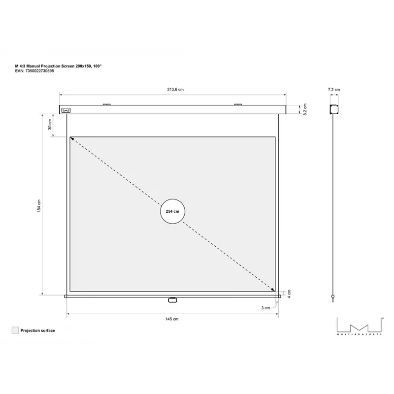 Multibrackets M 4:3 rankinė projekcinė drobė 200x150, 100 colių