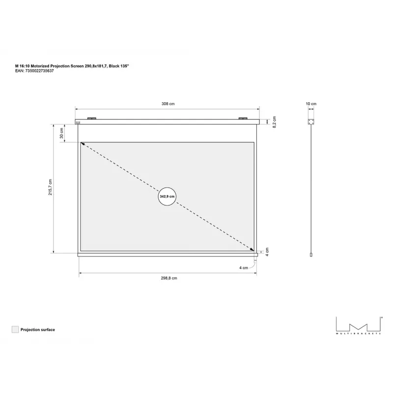 Motorizuotas projektorinis ekranas MULTIBRACKETS M 16:10 135 colių — matinis baltas paviršius, matomas plotis 2,91 m