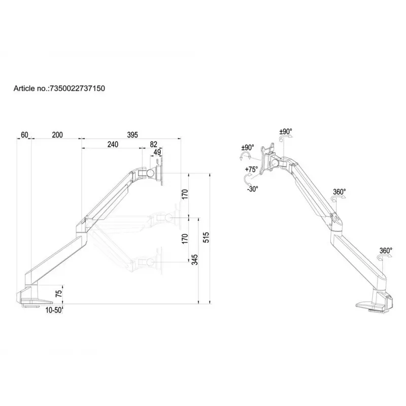 Multibrackets M VESA dujinė pakeliama ranka vieno monitoriaus balta