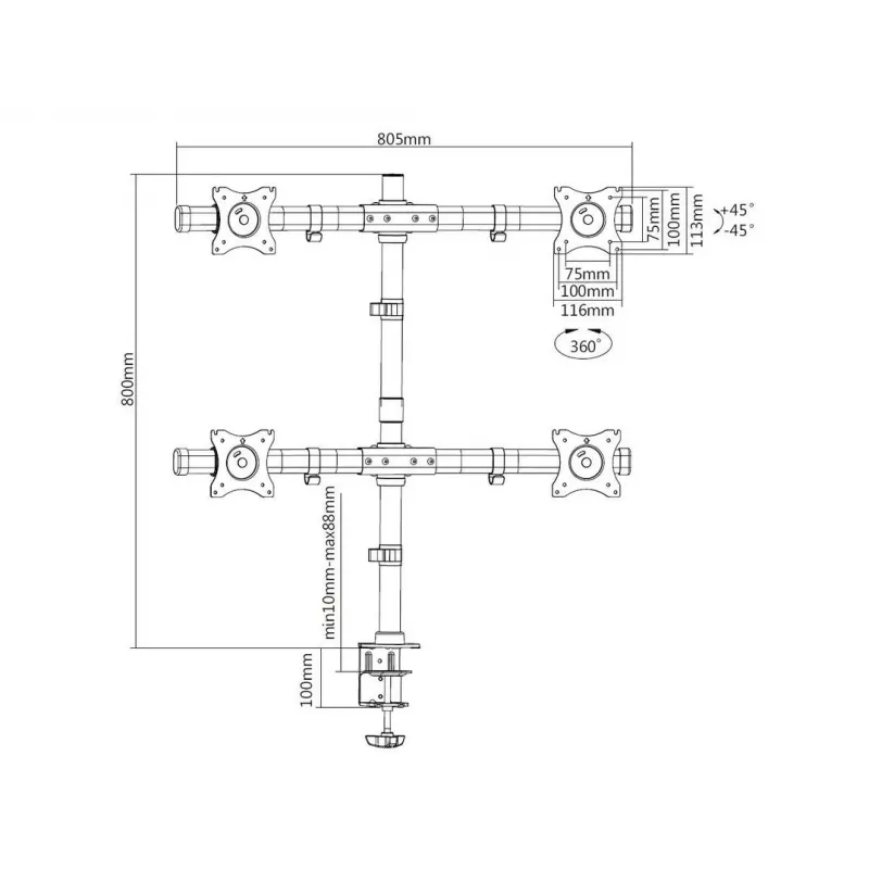Multibrackets M Deskmount Basic Quad laikiklis, spaustuvas/varžtinis, 32 kg, 38,1 cm (15 col.), 68,6 cm (27 col.), 100 x 100 mm, juodas