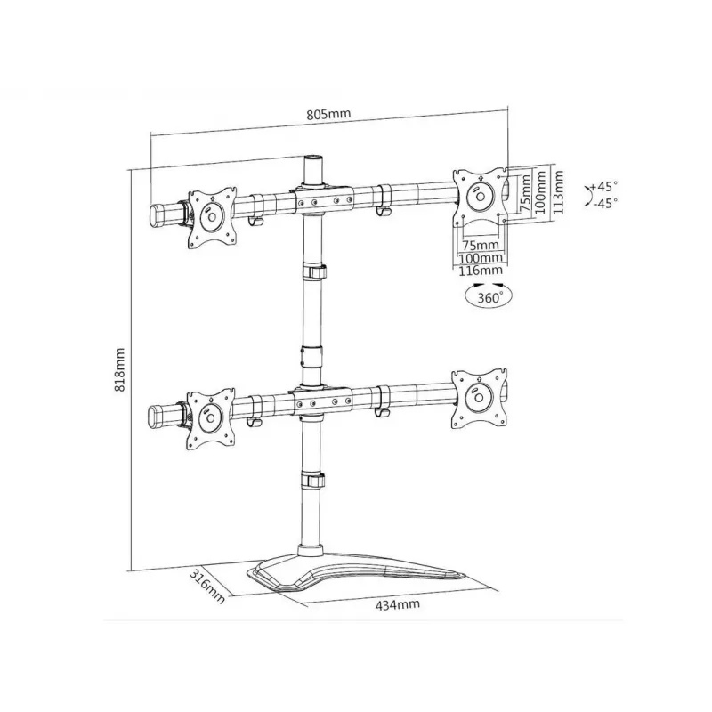 Multibrackets M Deskstand Basic Quad laisvai pastatomas keturių monitorių stovas 32 kg 15–27 colių