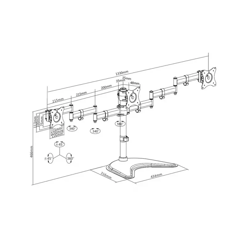 Stalinis monitorių stovas MULTIBRACKETS M Deskstand Basic Triple — 3 monitoriams, VESA 75x75–100x100, iki 24 kg, 15–27 colių, juodas