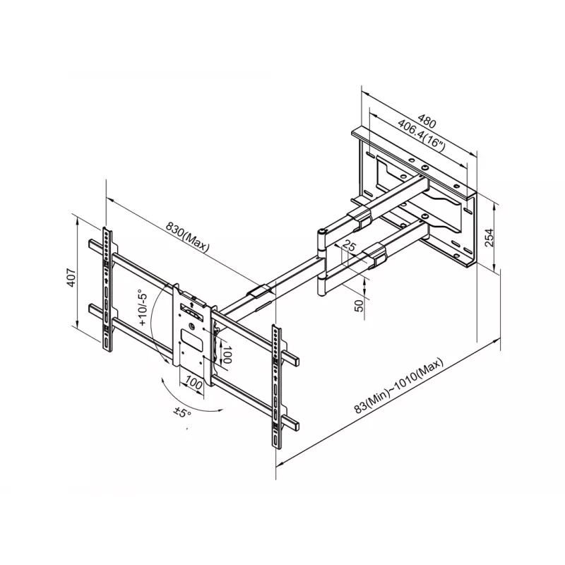 Multibrackets M Universal Long Reach Arm 1010mm HD Single 40kg 42-75 coliai