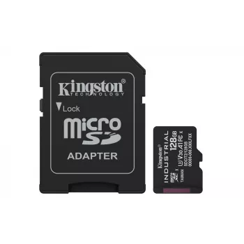 „Kingston“ „Industrial“ 128 GB „microSDXC“ „pSLC“ UHS-I atminties kortelė, 100 MB/s skaitymas, 80 MB/s rašymas, V30/U3, A1, C10, juoda + SD adapteris