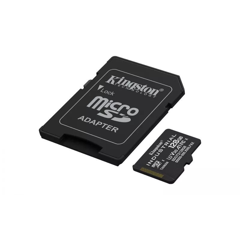 „Kingston“ „Industrial“ 128 GB „microSDXC“ „pSLC“ UHS-I atminties kortelė, 100 MB/s skaitymas, 80 MB/s rašymas, V30/U3, A1, C10, juoda + SD adapteris