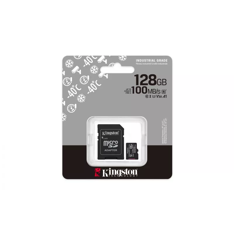 „Kingston“ „Industrial“ 128 GB „microSDXC“ „pSLC“ UHS-I atminties kortelė, 100 MB/s skaitymas, 80 MB/s rašymas, V30/U3, A1, C10, juoda + SD adapteris