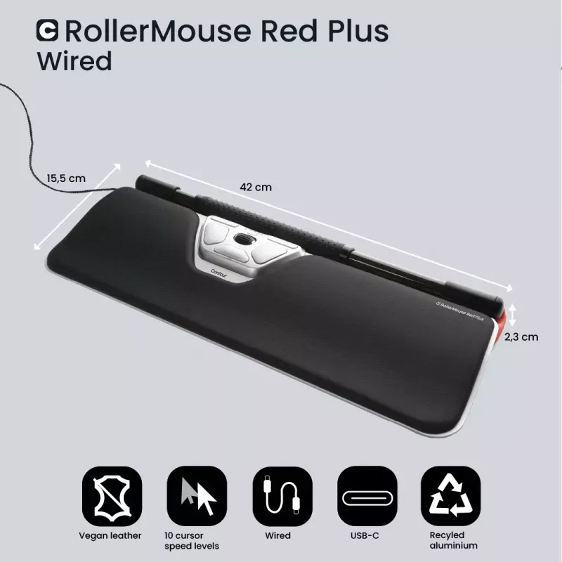 Contour Design RollerMouse Red Plus laidinis ergonomiškas pelė USB-C 2800 DPI