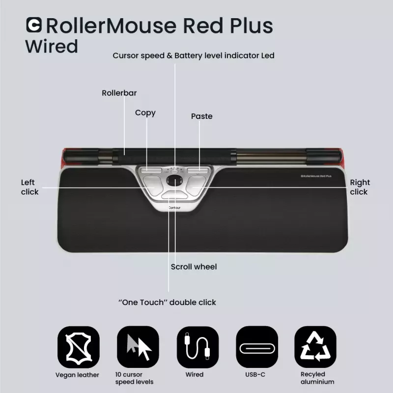 Contour Design RollerMouse Red Plus laidinis ergonomiškas pelė USB-C 2800 DPI
