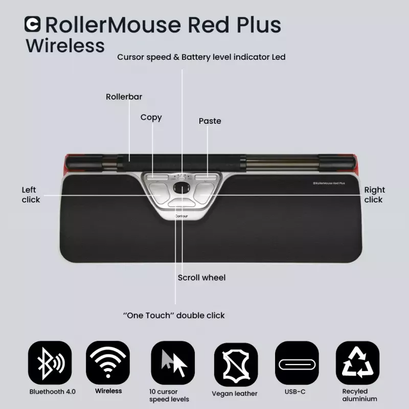 Pelė Contour Design RollerMouse Red Plus Bluetooth USB Type-C