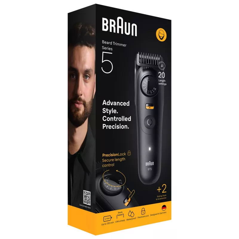BRAUN BeardTrimmer 5 BT5500 barzdaskutė, akumuliatorinė, 20 mm, šlapiam ir sausam kirpimui, juoda