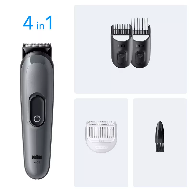 Braun AIO3500 kirpimo mašinėlė barzdai ir plaukams, juoda, pilka, 14 ilgio nustatymų, NiMH