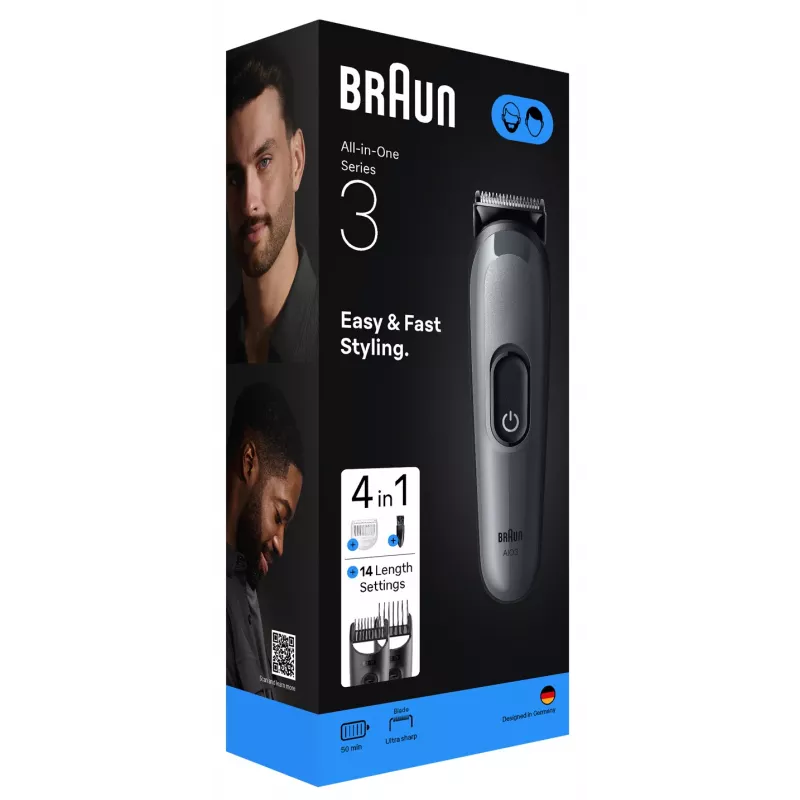 Braun AIO3500 kirpimo mašinėlė barzdai ir plaukams, juoda, pilka, 14 ilgio nustatymų, NiMH