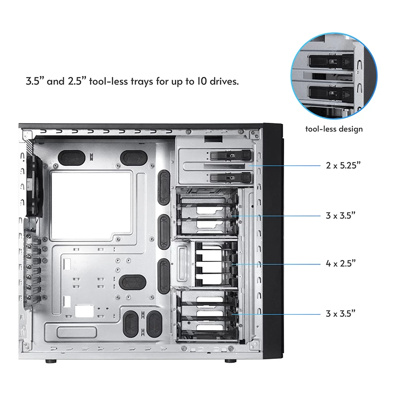 Korpusas CHIEFTEC BW-01B-OP Midi Tower ATX/ITX, palaiko 6×3,5 col. + 4×2,5 col., 2×5,25 col., galinis 1×120 mm, SGCC, juodas, 200×510×465 mm
