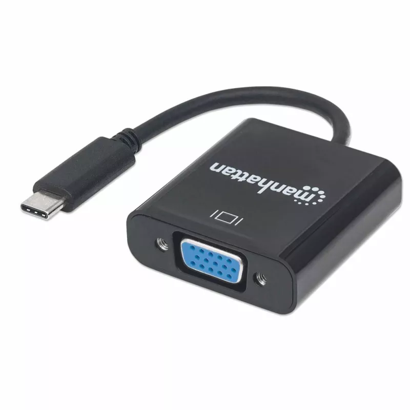 Manhattan USB-C į VGA keitiklio laidas, 1080p@60Hz, juodas, 8cm, kištukas į lizdą, visam laikui garantija