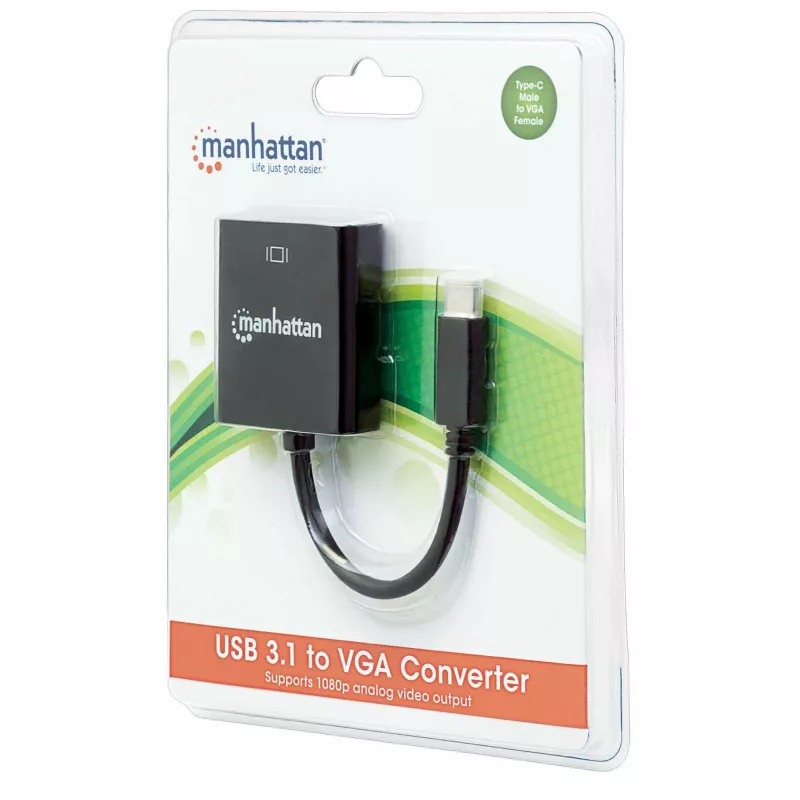 Manhattan USB-C į VGA keitiklio laidas, 1080p@60Hz, juodas, 8cm, kištukas į lizdą, visam laikui garantija