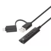 Manhattan USB-C ir USB-A į 3,5 mm stereo garso adapteris, 2-in-1, kištukas į lizdą, 1 m kabelis, palaiko ausinių mikrofoną ir garsą, CTIA standartas, garsumo ir nutildymo valdymas, juodas