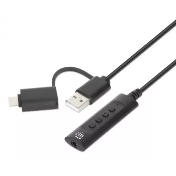 Manhattan USB-C ir USB-A į 3,5 mm stereo garso adapteris, 2-in-1, kištukas į lizdą, 1 m kabelis, palaiko ausinių mikrofoną ir garsą, CTIA standartas, garsumo ir nutildymo valdymas, juodas