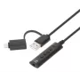 Manhattan USB-C ir USB-A į 3,5 mm stereo garso adapteris, 2-in-1, kištukas į lizdą, 1 m kabelis, palaiko ausinių mikrofoną ir garsą, CTIA standartas, garsumo ir nutildymo valdymas, juodas