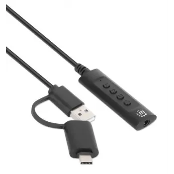 Manhattan USB-C ir USB-A į 3,5 mm stereo garso adapteris, 2-in-1, kištukas į lizdą, 1 m kabelis, palaiko ausinių mikrofoną ir garsą, CTIA standartas, garsumo ir nutildymo valdymas, juodas