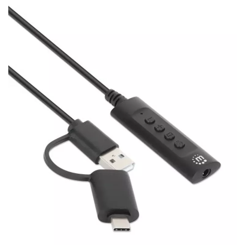 Manhattan USB-C ir USB-A į 3,5 mm stereo garso adapteris, 2-in-1, kištukas į lizdą, 1 m kabelis, palaiko ausinių mikrofoną ir garsą, CTIA standartas, garsumo ir nutildymo valdymas, juodas