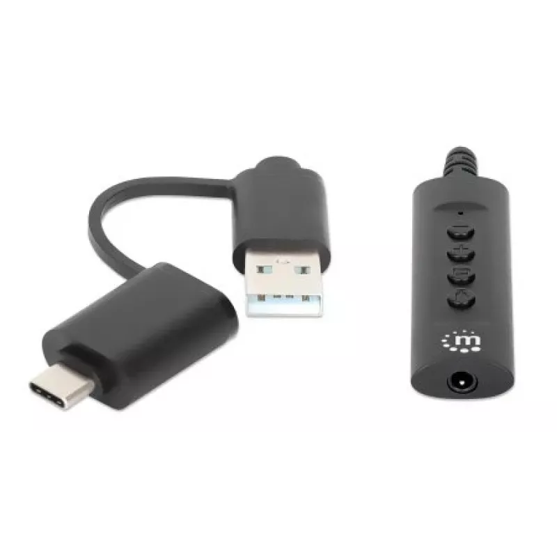 Manhattan USB-C ir USB-A į 3,5 mm stereo garso adapteris, 2-in-1, kištukas į lizdą, 1 m kabelis, palaiko ausinių mikrofoną ir garsą, CTIA standartas, garsumo ir nutildymo valdymas, juodas