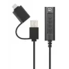 Manhattan USB-C ir USB-A į 3,5 mm stereo garso adapteris, 2-in-1, kištukas į lizdą, 1 m kabelis, palaiko ausinių mikrofoną ir garsą, CTIA standartas, garsumo ir nutildymo valdymas, juodas