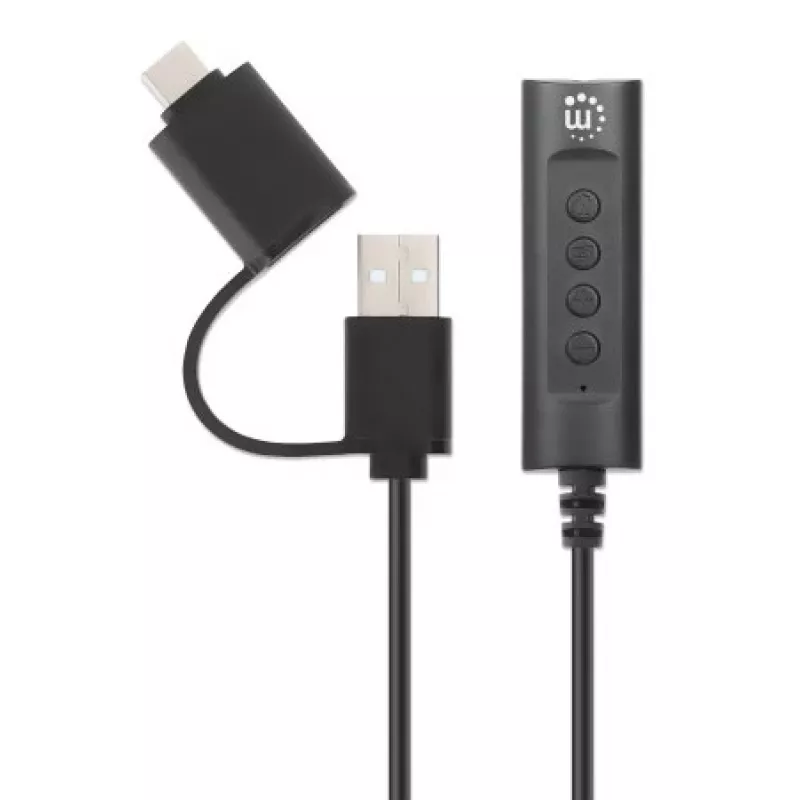 Manhattan USB-C ir USB-A į 3,5 mm stereo garso adapteris, 2-in-1, kištukas į lizdą, 1 m kabelis, palaiko ausinių mikrofoną ir garsą, CTIA standartas, garsumo ir nutildymo valdymas, juodas