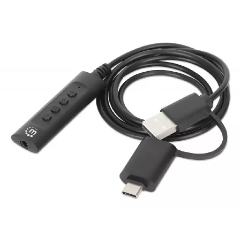 Manhattan USB-C ir USB-A į 3,5 mm stereo garso adapteris, 2-in-1, kištukas į lizdą, 1 m kabelis, palaiko ausinių mikrofoną ir garsą, CTIA standartas, garsumo ir nutildymo valdymas, juodas