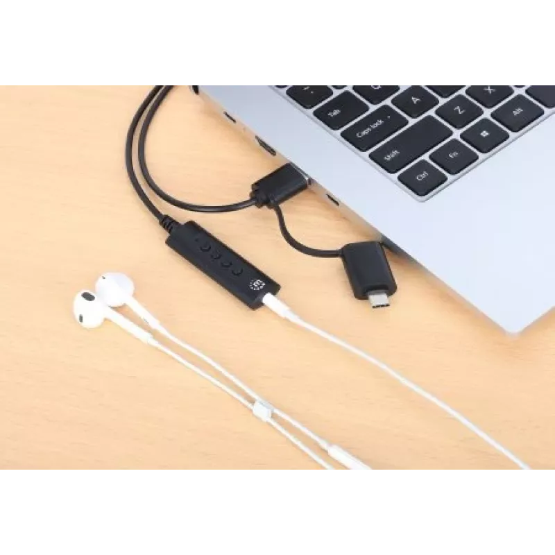 Manhattan USB-C ir USB-A į 3,5 mm stereo garso adapteris, 2-in-1, kištukas į lizdą, 1 m kabelis, palaiko ausinių mikrofoną ir garsą, CTIA standartas, garsumo ir nutildymo valdymas, juodas