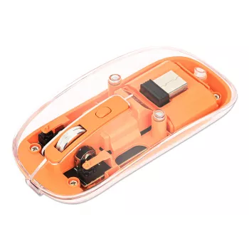 Manhattan Transparent Wireless Mouse, permatomas/oranžinis, reguliuojama 800/1200/1600 DPI, RGB LED apšvietimas, 2,4 GHz (veikimo atstumas iki 10 m), USB, optinis, ambidekstrinis, keturi mygtukai su slinkimo ratuku, plonas dizainas, USB-A mikro imtuvas, l