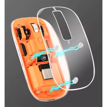 Manhattan Transparent Wireless Mouse, permatomas/oranžinis, reguliuojama 800/1200/1600 DPI, RGB LED apšvietimas, 2,4 GHz (veikimo atstumas iki 10 m), USB, optinis, ambidekstrinis, keturi mygtukai su slinkimo ratuku, plonas dizainas, USB-A mikro imtuvas, l