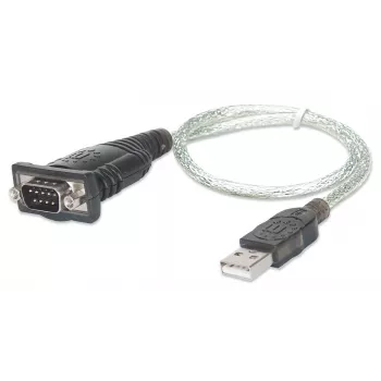 Manhattan USB-A į Serial keitiklio kabelis, 45 cm, Vyriškas į Vyrišką, Serial/RS232/COM/DB9, Prolific PL-2303RA mikroschema, Juodas/Sidabrinis kabelis, Trejų metų garantija, Analogiškas ICUSB232V2