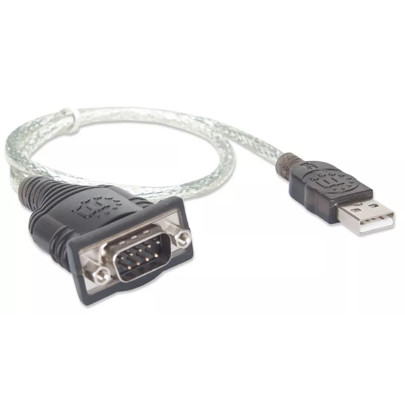 Manhattan USB-A į Serial keitiklio kabelis, 45 cm, Vyriškas į Vyrišką, Serial/RS232/COM/DB9, Prolific PL-2303RA mikroschema, Juodas/Sidabrinis kabelis, Trejų metų garantija, Analogiškas ICUSB232V2