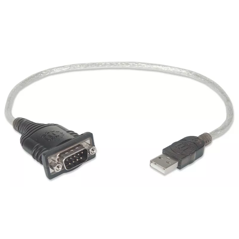Manhattan USB-A į Serial keitiklio kabelis, 45 cm, Vyriškas į Vyrišką, Serial/RS232/COM/DB9, Prolific PL-2303RA mikroschema, Juodas/Sidabrinis kabelis, Trejų metų garantija, Analogiškas ICUSB232V2