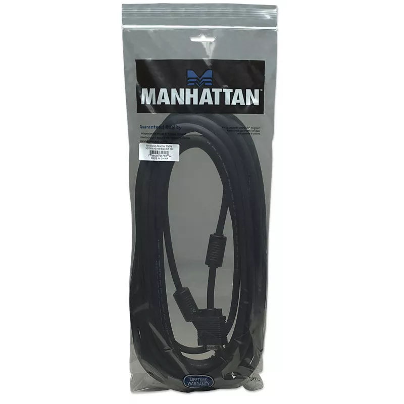 Manhattan VGA monitorinis laidas su ferito šerdimis, 10 m, juodas, HD15, kištukas-kištukas