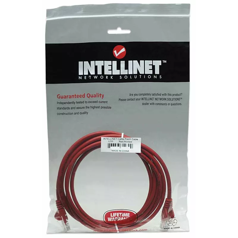 Intellinet tinklo jungiamasis kabelis, Cat5e, 5 m, raudonas, CCA, U/UTP, PVC, RJ45, paauksuoti kontaktai, su apsauga nuo užkliuvimo, su batu, viso gyvenimo garantija
