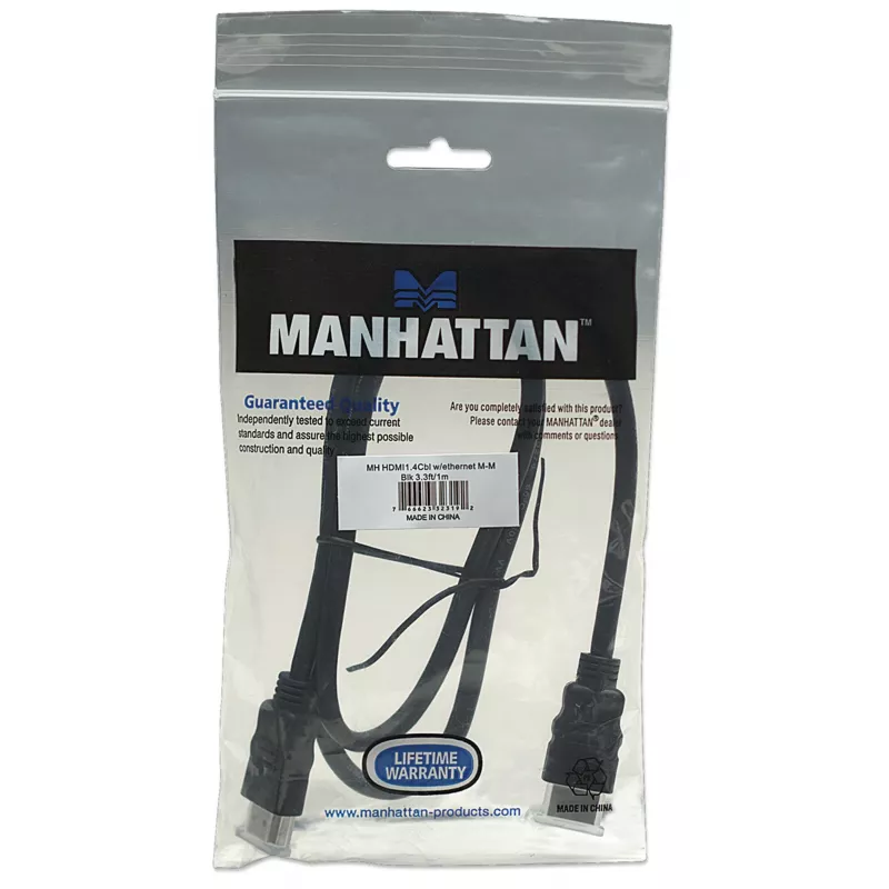 Manhattan HDMI 4K@30Hz laidas su Ethernet, 1 m, tinka visiems 1080p/HD ir daugumai 4K naudojimo atvejų (patikrinkite savo sistemos 4K specifikaciją), Vyriškas į Vyrišką, Juodas, Ultra HD 4k x 2k, Viso gyvenimo garantija, Aukštos spartos, Atitikmuo HDMM1MH