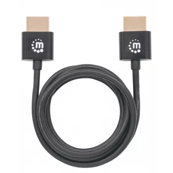 Manhattan HDMI laidas su Ethernet (ypač plonas), 4K@60Hz (Premium High Speed), 1m, vyriškas–vyriškas, juodas, Ultra HD 4k x 2k, visiškai ekranuotas, auksuoti kontaktai, garantija visam laikui